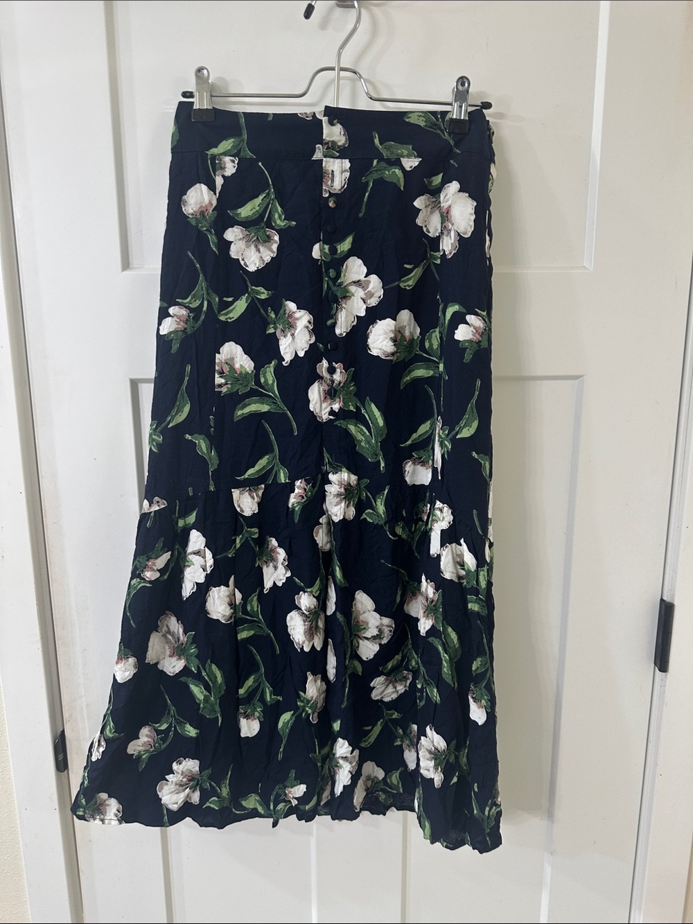 Joyfolie Black Maxi Skirt with White Floral and Green Leaves